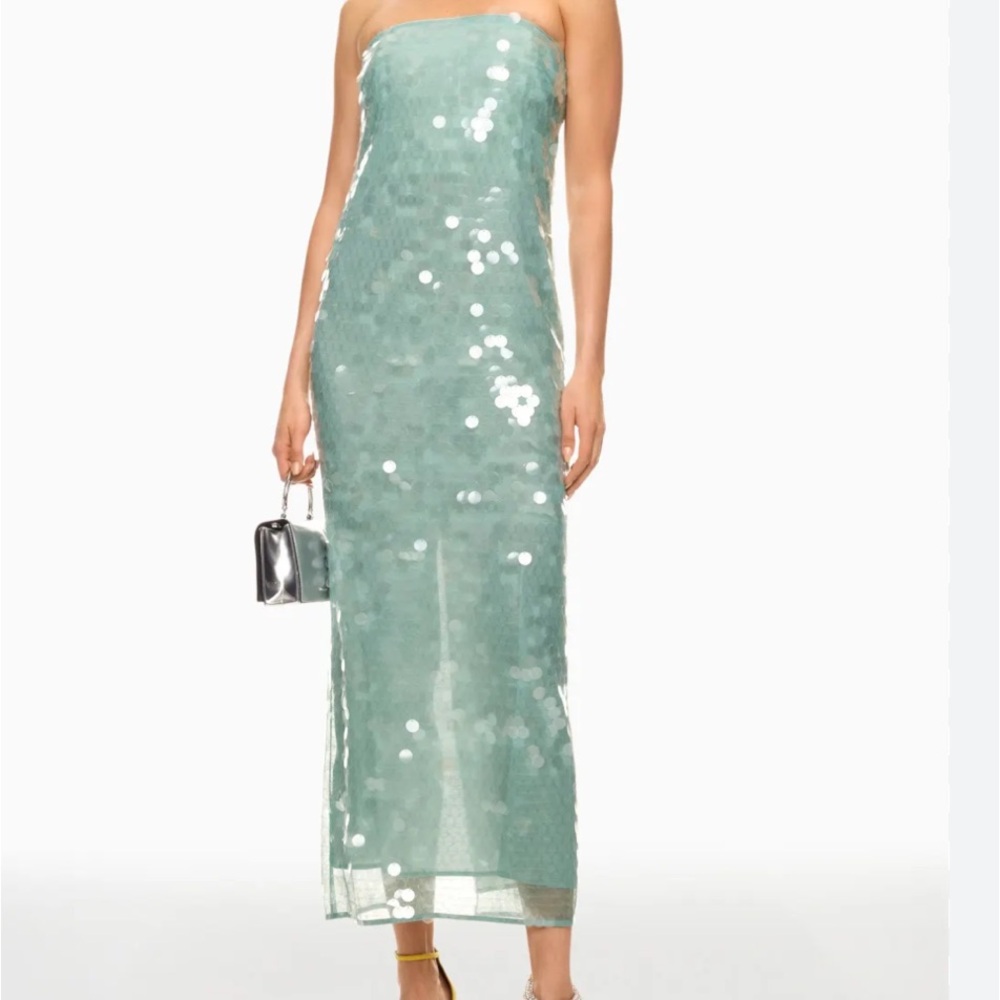 STAUD Mint Green Sequin Strapless Midi Dress